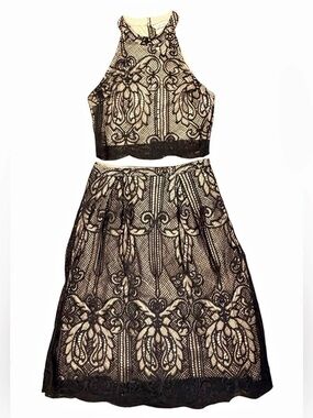 francesca's Black Lace Halter Crop Top and Midi Skirt Two-Piece Set Midi Skirt
